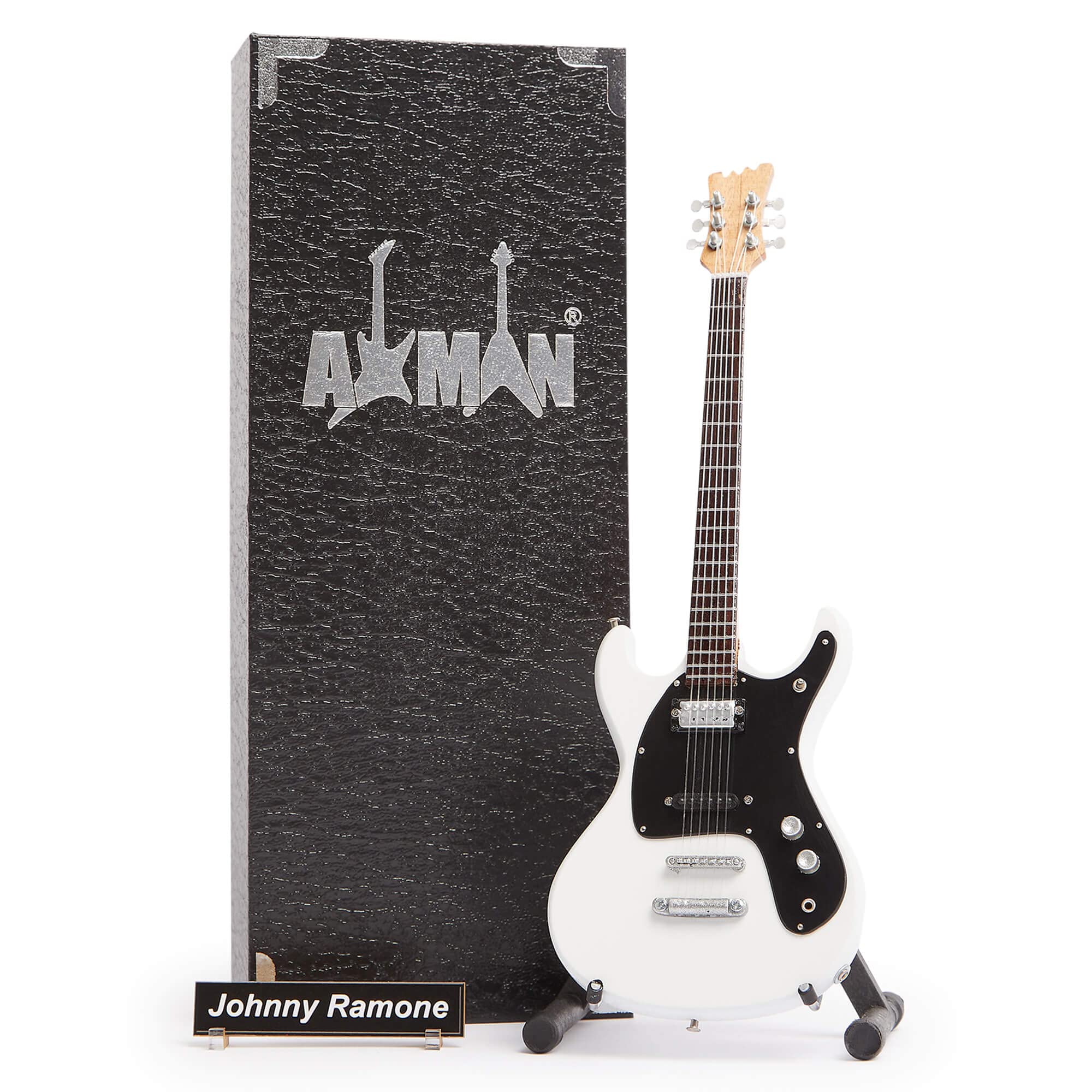 Johnny Ramone (Ramones): White Mosrite Ventures II - Miniature Guitar Replica - Music Gifts - Handmade Ornamental 1/4 Scale - Includes a Display Box, Name Tag and Miniature Guitar Stand