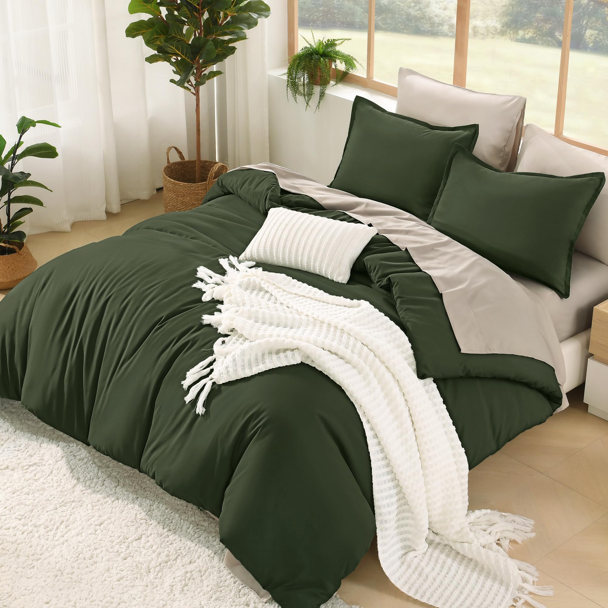 Litanika Comforter Full Size Set Olive - 7 Pieces Bed in a Bag Full Beddding Comforter Sets, Plain Lightweight Bed Set with Comforter, Sheets, Pillowcases & Shams Image