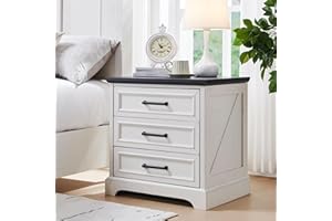 ACCOHOHO Farmhouse Nightstand with Charging Station, 22 Inch Wide End Table with 3 Large Drawers & Bar Handles, Rustic Wood Small Dresser Chest of Drawers for Bedroom, Living Room, Closet, Off White