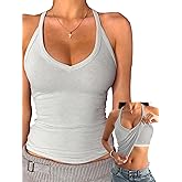 Danysu V Neck Cotton Tank Tops with Built-in Shelf Bra Sleeveless Racerback Fitted Basic Cami Shirts