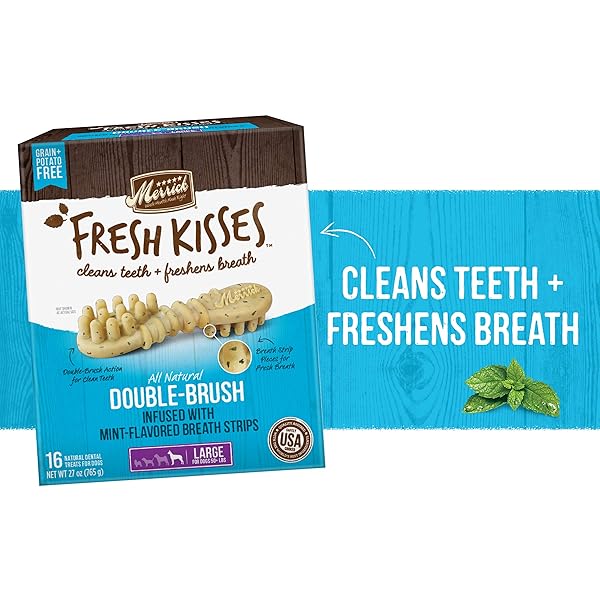 MERRICK FRESH KISSES NATURAL DENTAL CHEWS, TOOTHBRUSH SHAPE TREAT INFUSED WITH REAL MINT, FOR LARGE DOGS – 22 CT. BOX