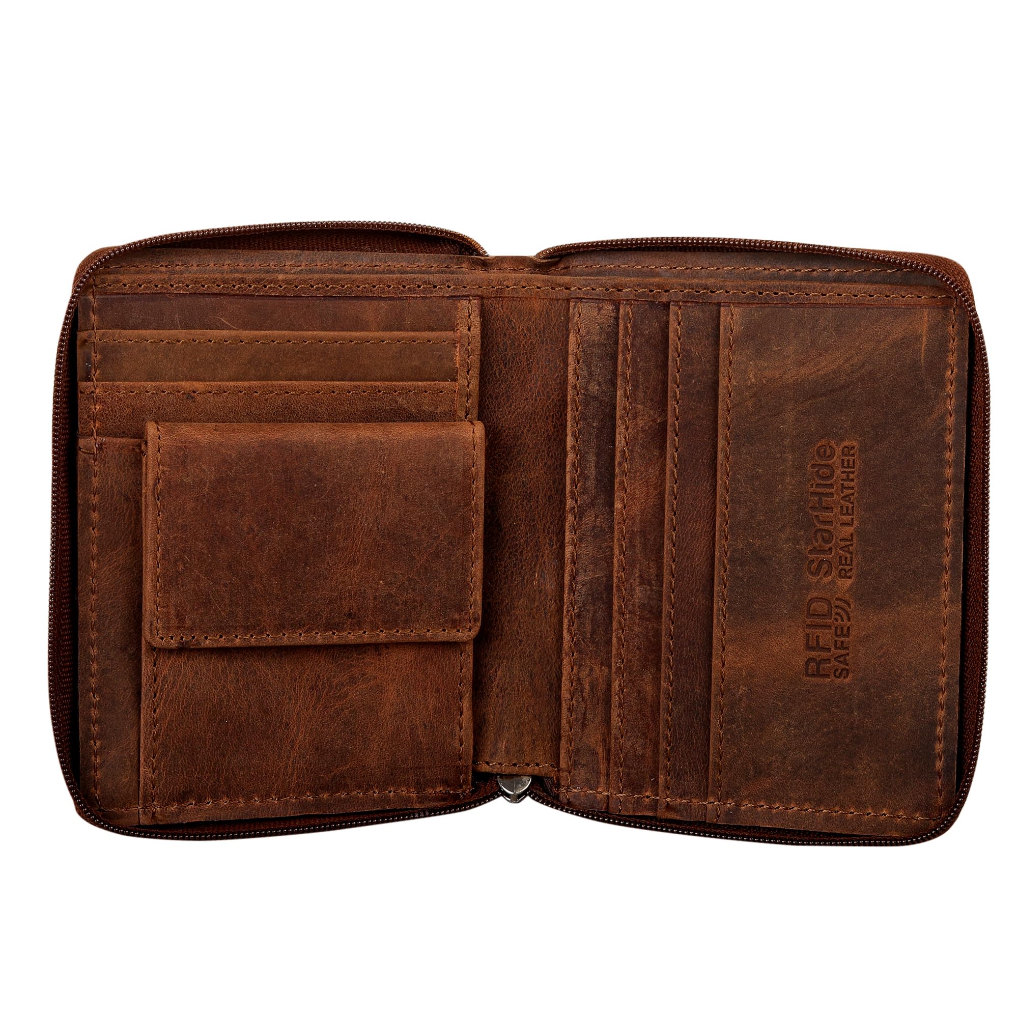 STARHIDE Mens RFID Blocking Full Zip Around Distressed Hunter Leather Coin Pocket Wallet 720 (Brown)
