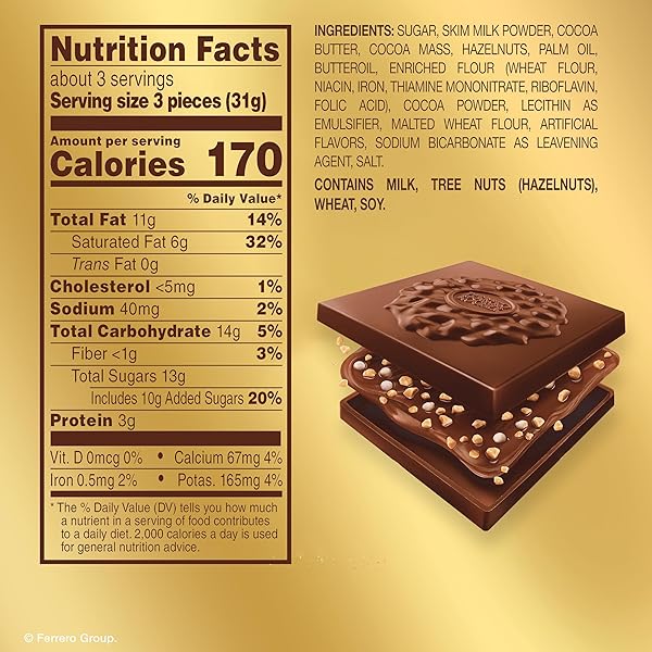 FERRERO ROCHER PREMIUM MILK HAZELNUT CHOCOLATE SQUARES, INDIVIDUALLY WRAPPED CHOCOLATES, GREAT FOR SHARING OR GIFTING, 3.7 OZ