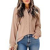 Dokotoo Womens Waffle Knit Crochet Lace Shirts 2025 Fall Long Sleeve Button Down Blouses
