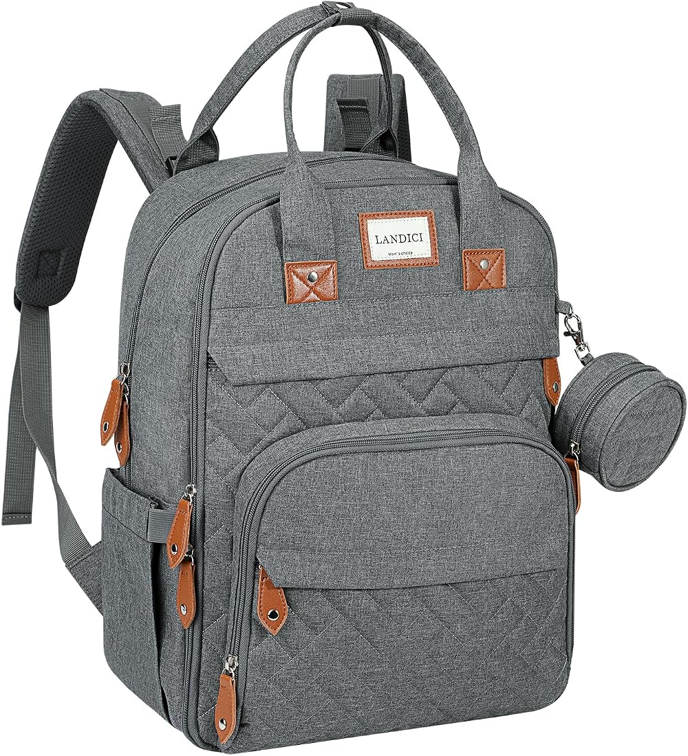 LANDICI Baby Changing Bag Backpack Grey Large Nappy Diaper Bag with Mat
