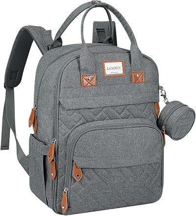 LANDICI Baby Changing Bag Backpack Grey Large Nappy Diaper Bag with Mat