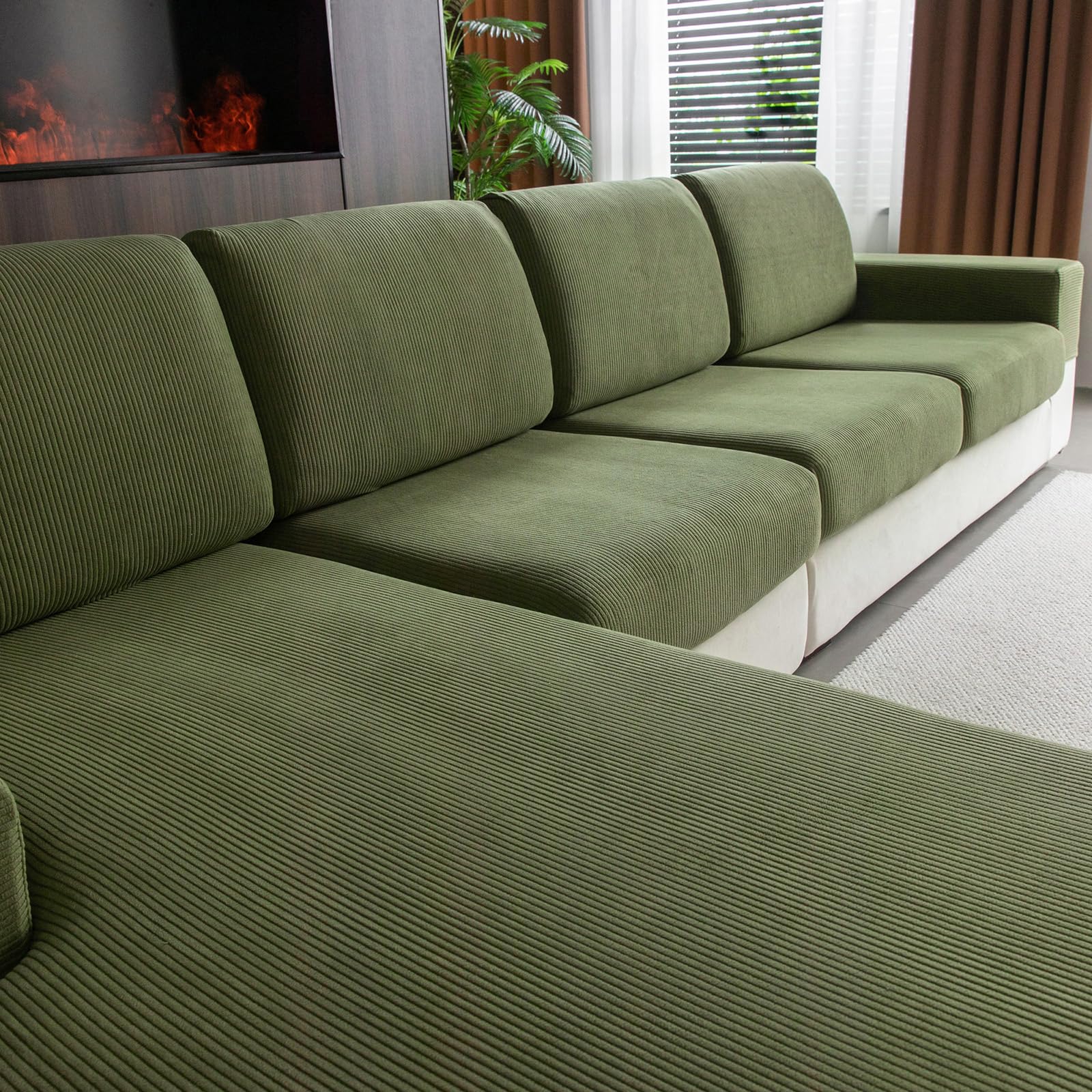Photo 1 of OHSIO Sectional Couch Covers, Wear Resistant Stretch Sofa Covers Washable Soft Couch Cushion Covers Anti Slip Furniture Protector Sofa Slipcovers for Pets(4 Pieces 3 Seaters+1 Chaise, Green)