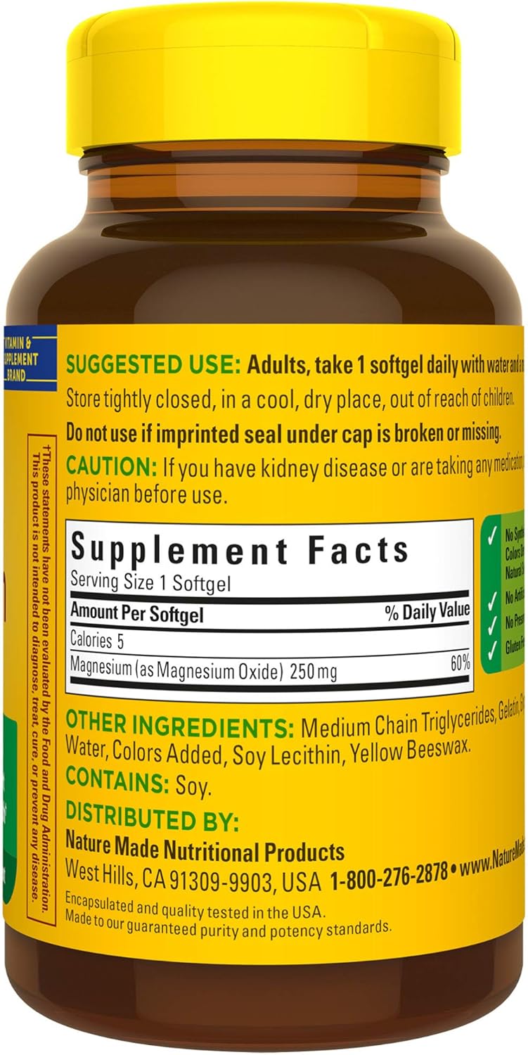 Nature Made Magnesium Oxide 250 mg Softgels, 90 Count for Nutritional Support† (Packaging May Vary): Health & Personal Care