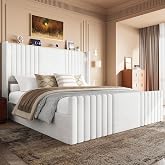 Uteeran 55" Tall King Size Platform Bed Frame with 2 Reading Lights, Cream | Channel Tufted Velvet Upholstered Wingback Bed, 20.1" Footboard, 2 Side Pockets, Storage Shelf &amp; Charger, Easy Assembly