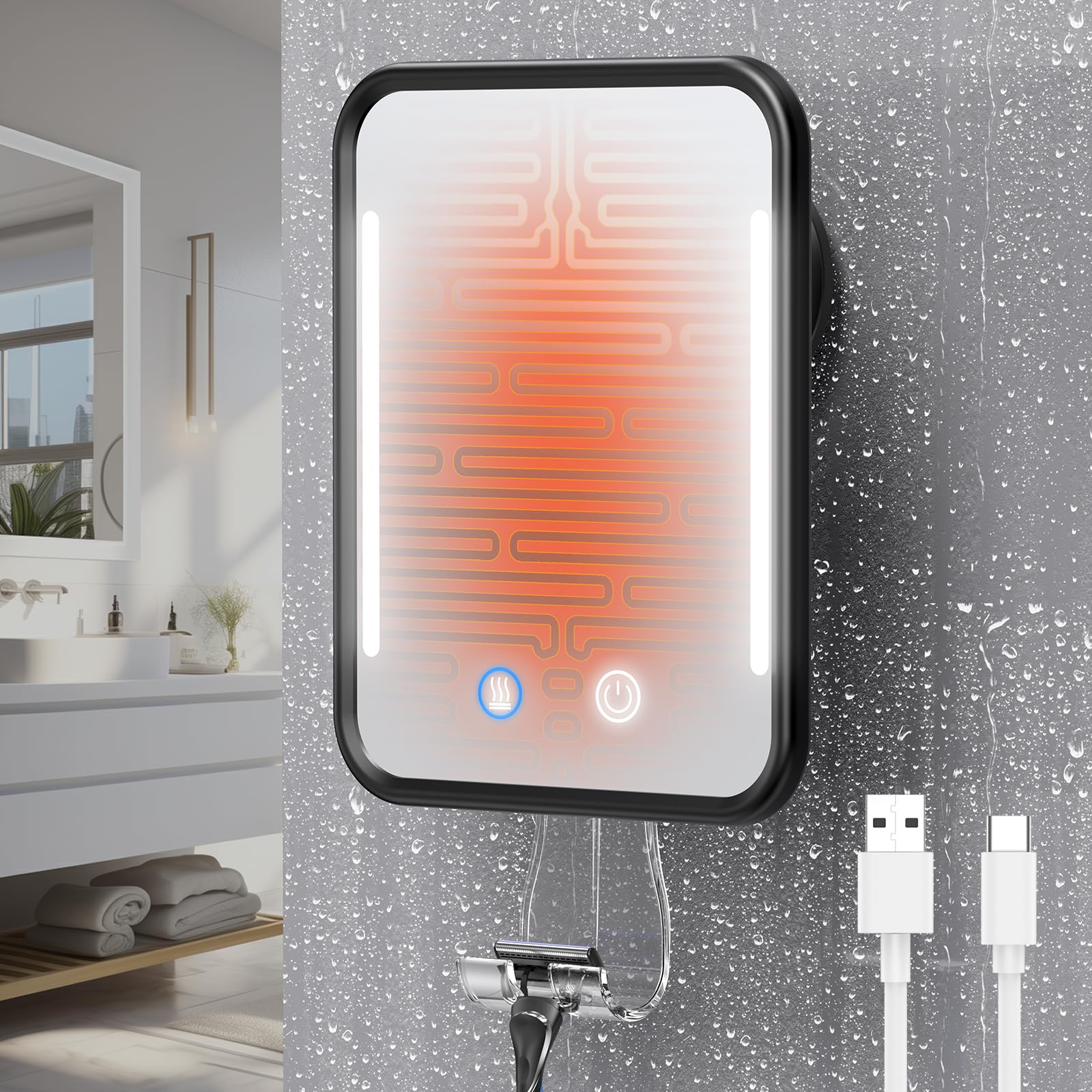 Photo 1 of Gospire Heated Shower Mirror Fogless for Shaving with Light, 5000mAh Rechargeable Battery, Detachable Suction Cup and Razor Holder for Wall, NO-Drilling, Removable, Waterproof for Bathroom - Black