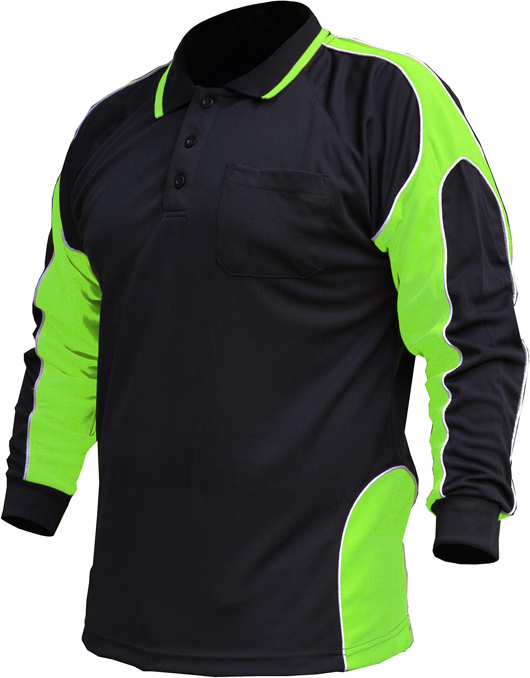 LANTERN FISH Mens Hi Vis Polo Shirt Long Sleeve Breathable Birdseye Mesh Cool Dry (Black/Lime)