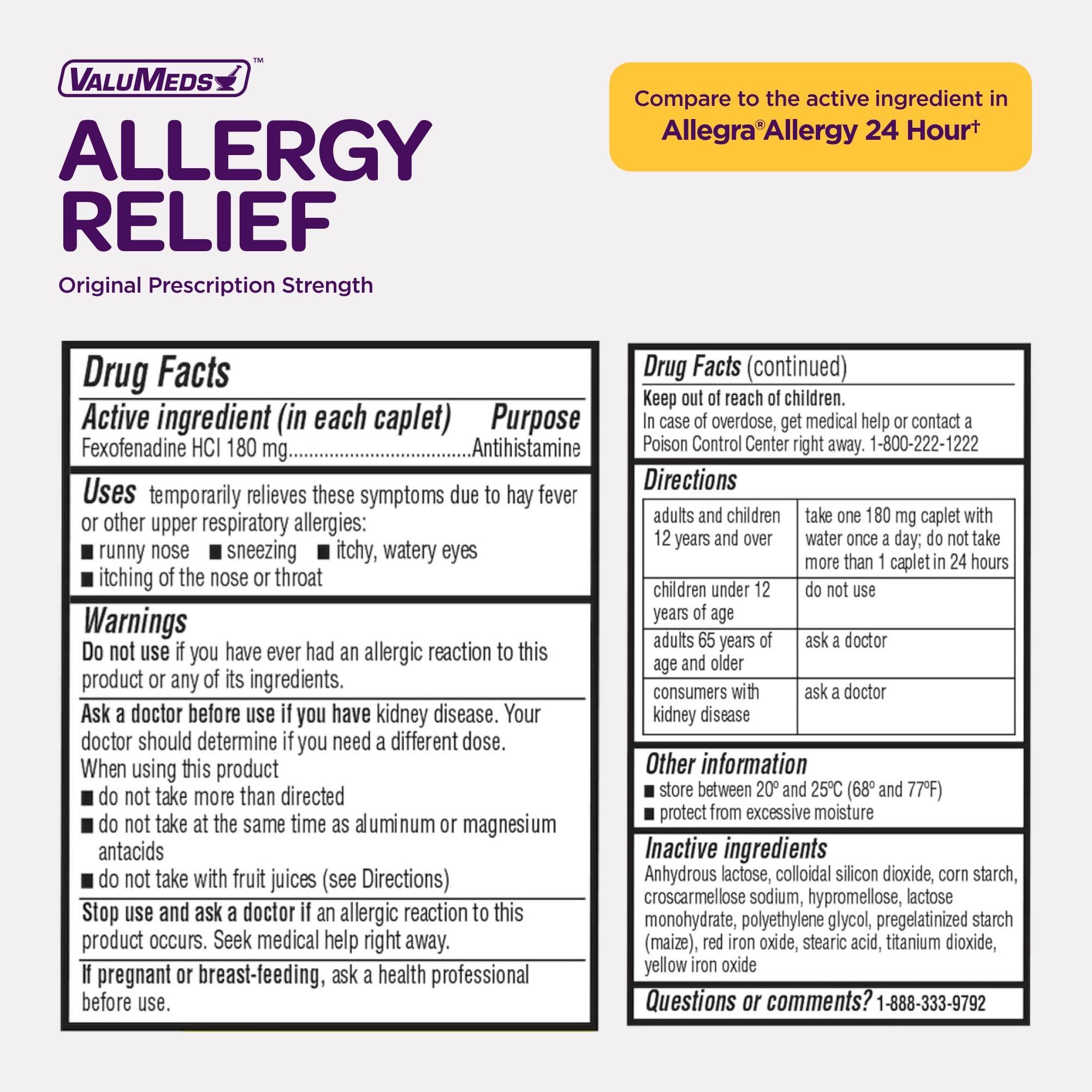 ValuMeds Fexofenadine HCl 180mg | Compare to Allegra | 24-Hour Allergy Relief, Non-Drowsy Antihistamine Generic Medicine for Allergies, Hay Fever, Itchy Eyes | for Kids & Adults (100-Count)