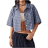 SOLY HUX Women's Button Down Vintage Plaid Shirts Short Sleeve Crop Blouses Preppy Clothes