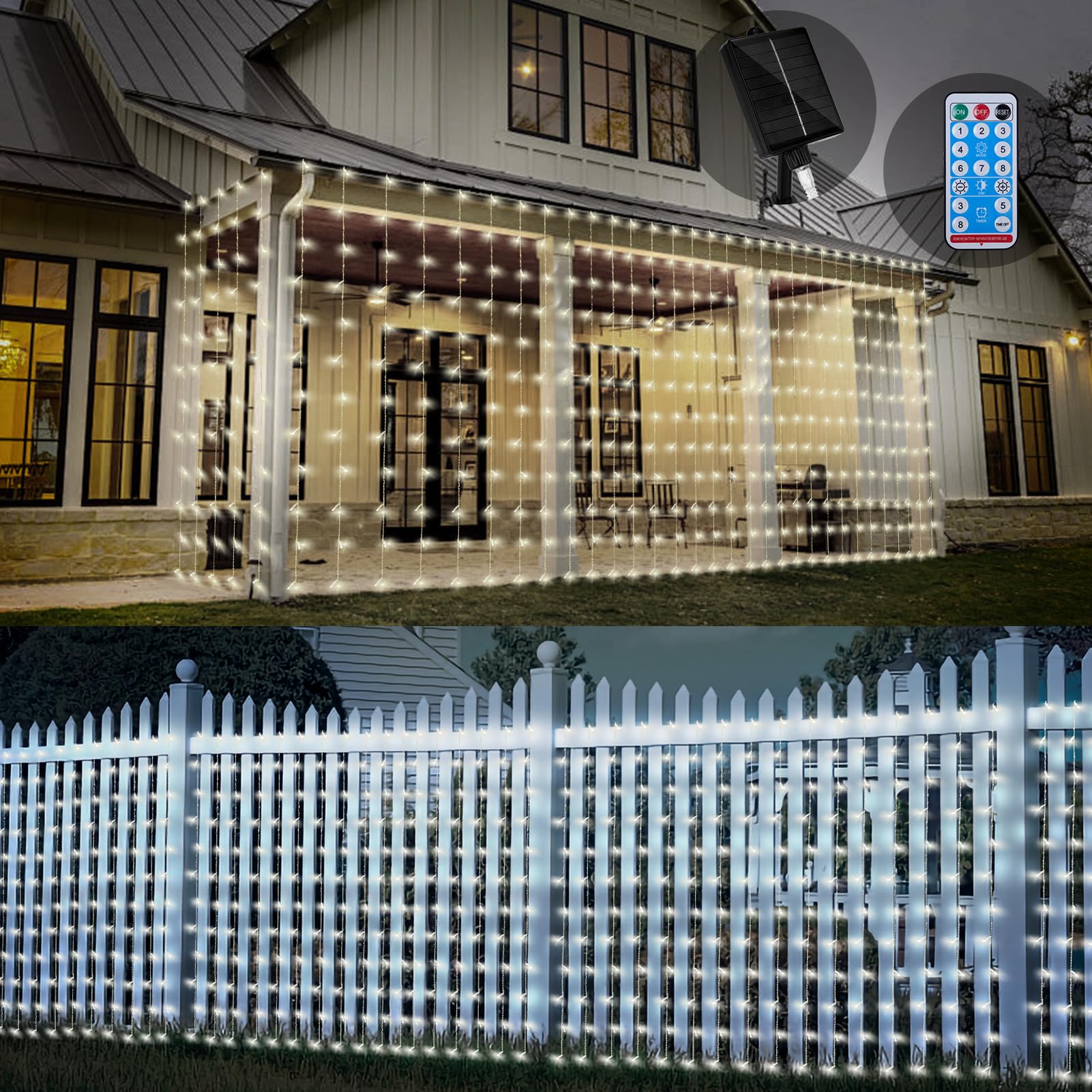 Photo 1 of 32.8 * 6.56FT Large Size Solar Curtain Lights Outdoor, 8 Modes Icicle Lights, Solar Garden Christmas Lights Decortions for Patio, Gazebo, Eaves, Fence, Tree, Porch (White)