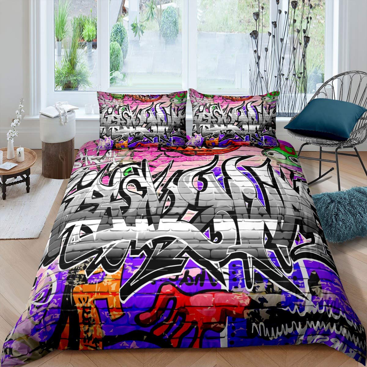Boys Hippie Graffiti Style Bedding Set Teens Hip Hop Comforter Cover for Kids Youth Graffiti Pattern Duvet Cover Breathable Street Culture Theme Bedspread Cover Room Decor Quilt Cover Double Size — image 1