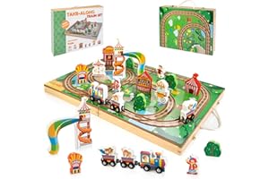 JUSTWOOD Take-Along Train Track Set with 2-in-1 Storage Box, Wooden Train Set for Toddlers 2-4, Railroad Train Toy with Magnetic Train Cars, Theme Park Adventure
