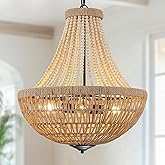 22" Wood Beaded Chandelier Boho Farmhouse Pendant Light Fixtures Bohemia Hand-Woven Rattan Chandeliers for Dining Room Kitche