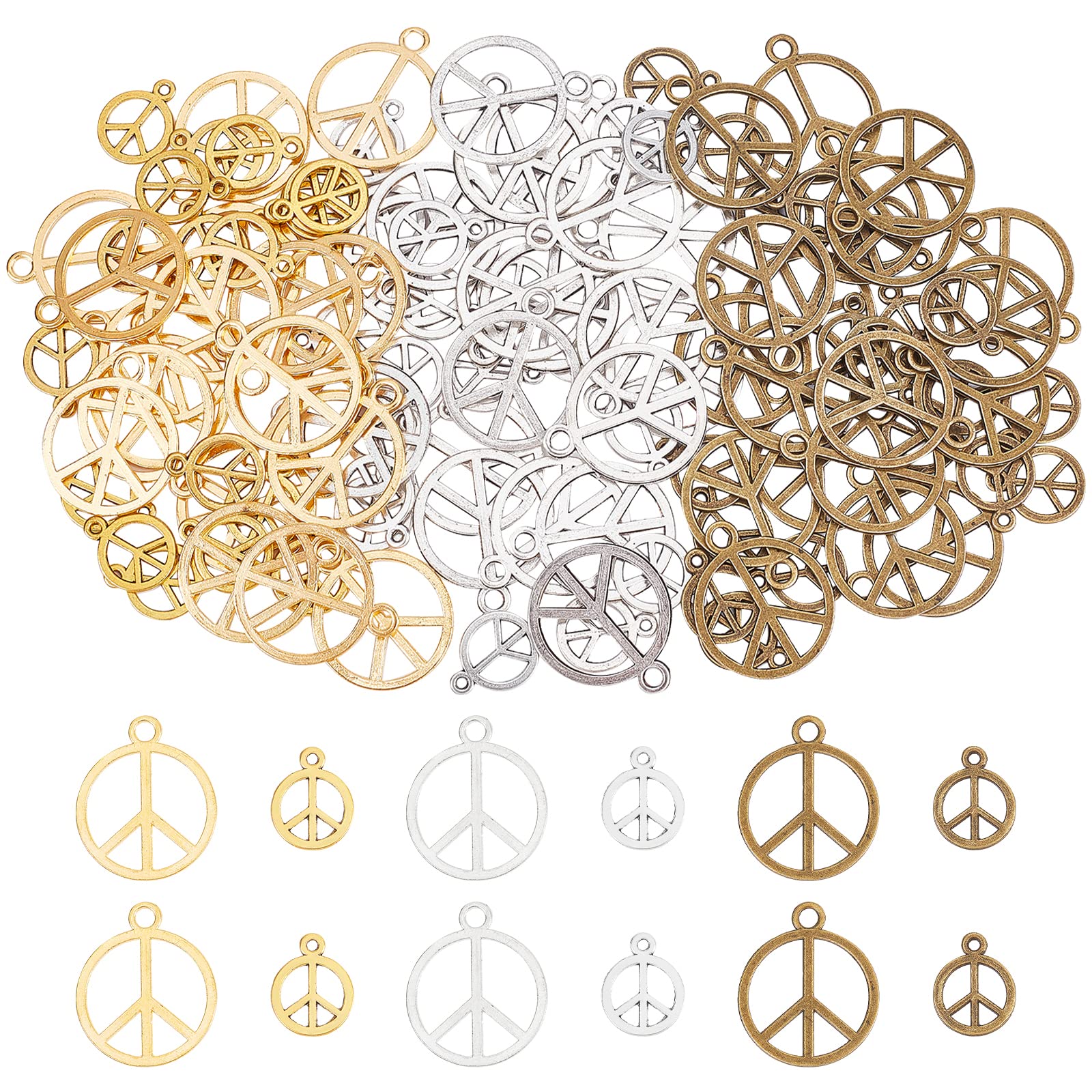 SUPERFINDINGS 120Pcs 6 Style Peace Sign Symbol Charms Pendant Vintage Alloy Peace Charms Jewelry Peace Pendants Peace Sign Necklace Bracelet Pendants for Jewelry Making
