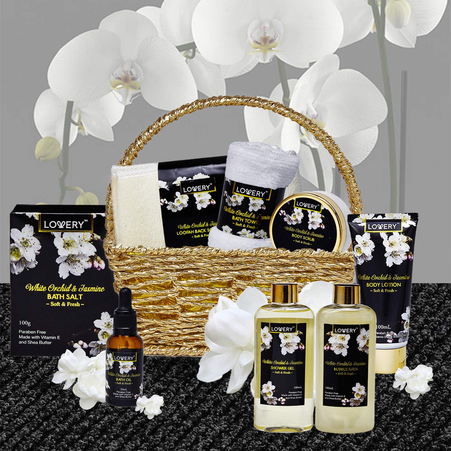 Bath and Body Gift Basket for Women and Men – Orchid and Jasmine Home Spa Set With Body Scrubs, Lotions, Oils, Gels and More - 9 Piece Set : Beauty