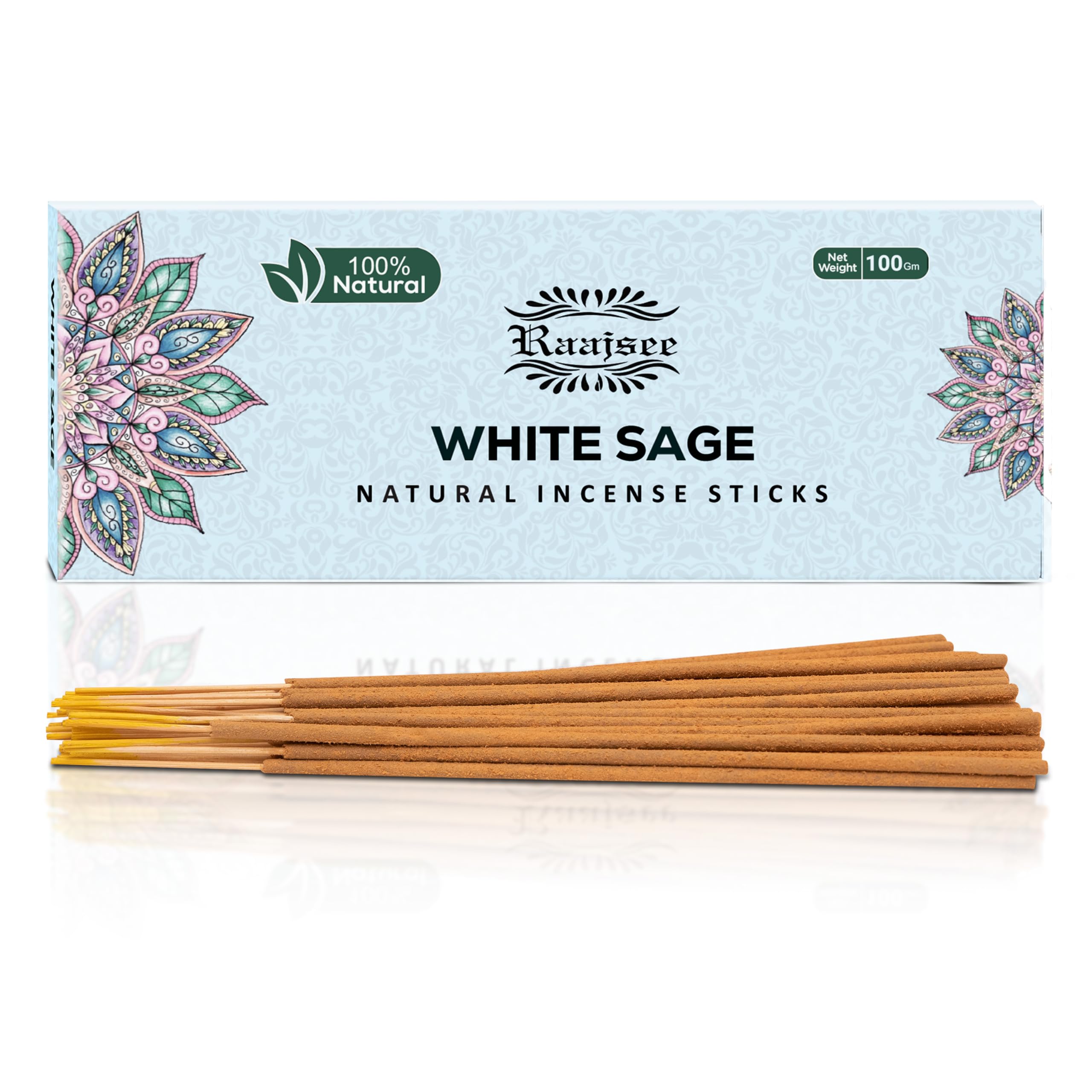 Raajsee White Sage Incense Sticks, 100%-Natural Charcoal free Organic Non Toxic Clean Burning Handmade Insence sticks 100 gm pack, Meditation Gifts – Spritual Cleansing