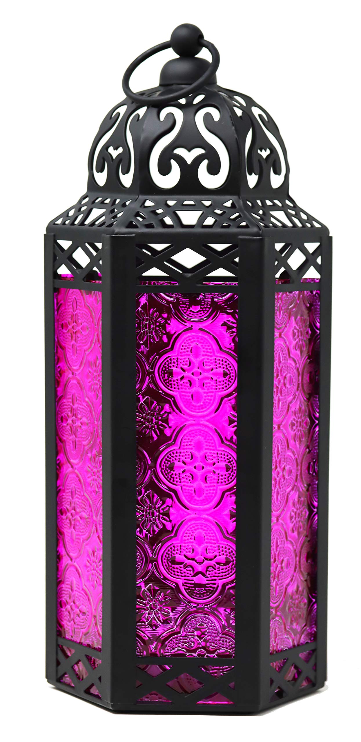 VELA LANTERNS Moroccan Candle Lantern Decorative Candle Holder Lamp for Indoor Outdoor, Ramadan, Home Decor, Patio, Weddings, Black Metal, Pink Glass, Medium Lantern
