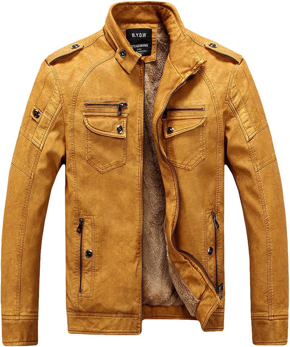 HDH Mens Zipped PU Leather Jacket Thicken Warm Outdoor Military Slim Fit Long Sleeve Casual Coat Parka Trench Coats Blazer Windbreaker Outerwear for Autumn Winter