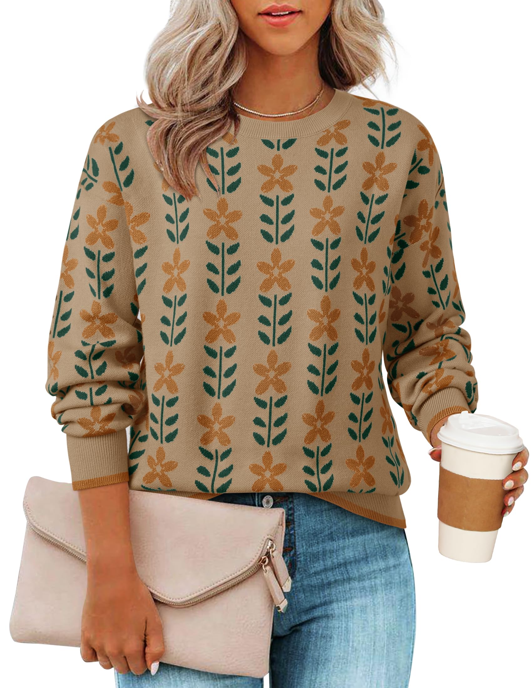 ZESICA Women's Long Sleeve Crewneck Sweater 2026 Fall Printed Cute Oversized Knitted Pullover Tops Trendy Clothes,Khaki,Medium Image
