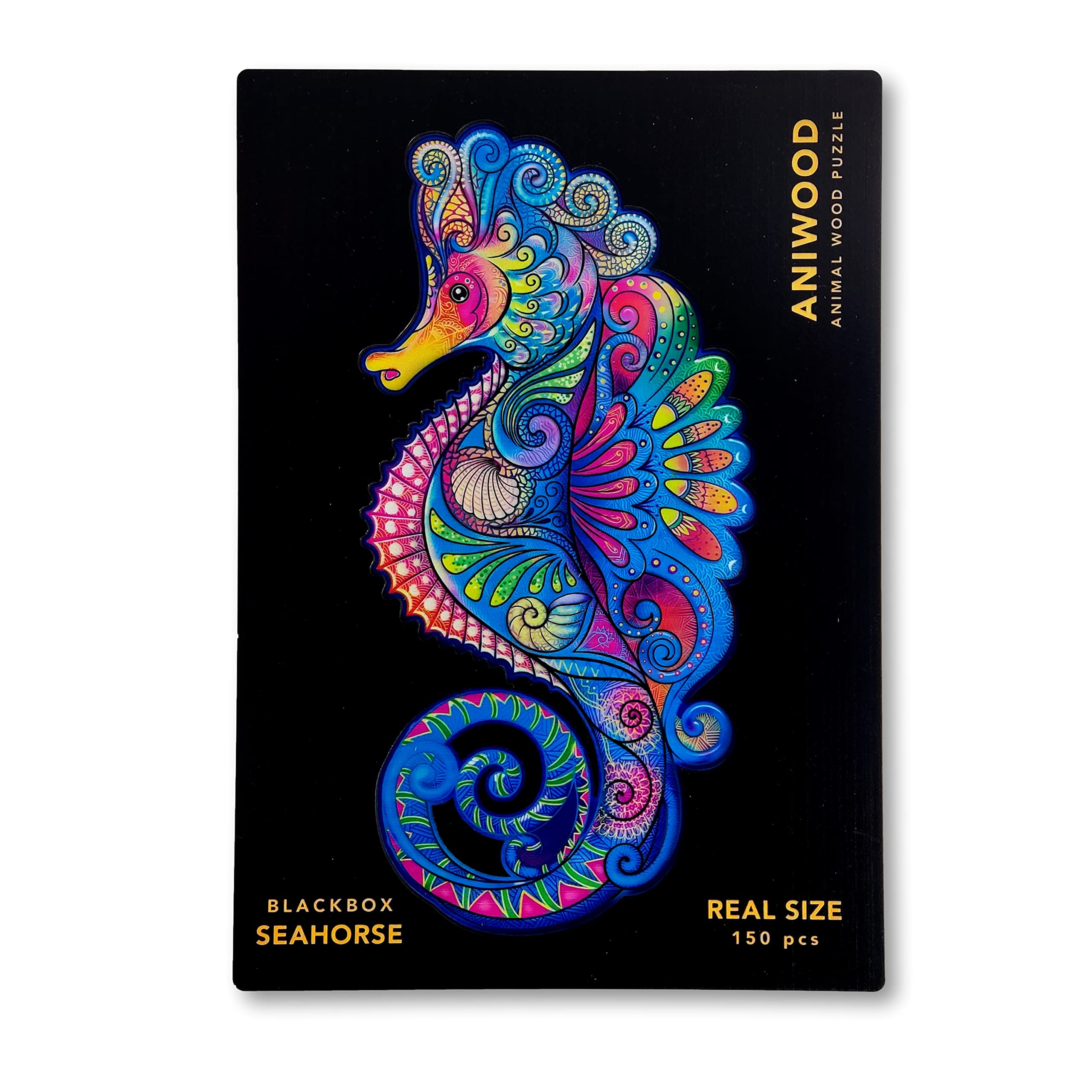 ANIWOOD Animal-Shaped Wooden Puzzle, Die-Cut Lid (Actual Size of the Puzzle), Contains Unique Animal Pieces (Medium, Seahorse)