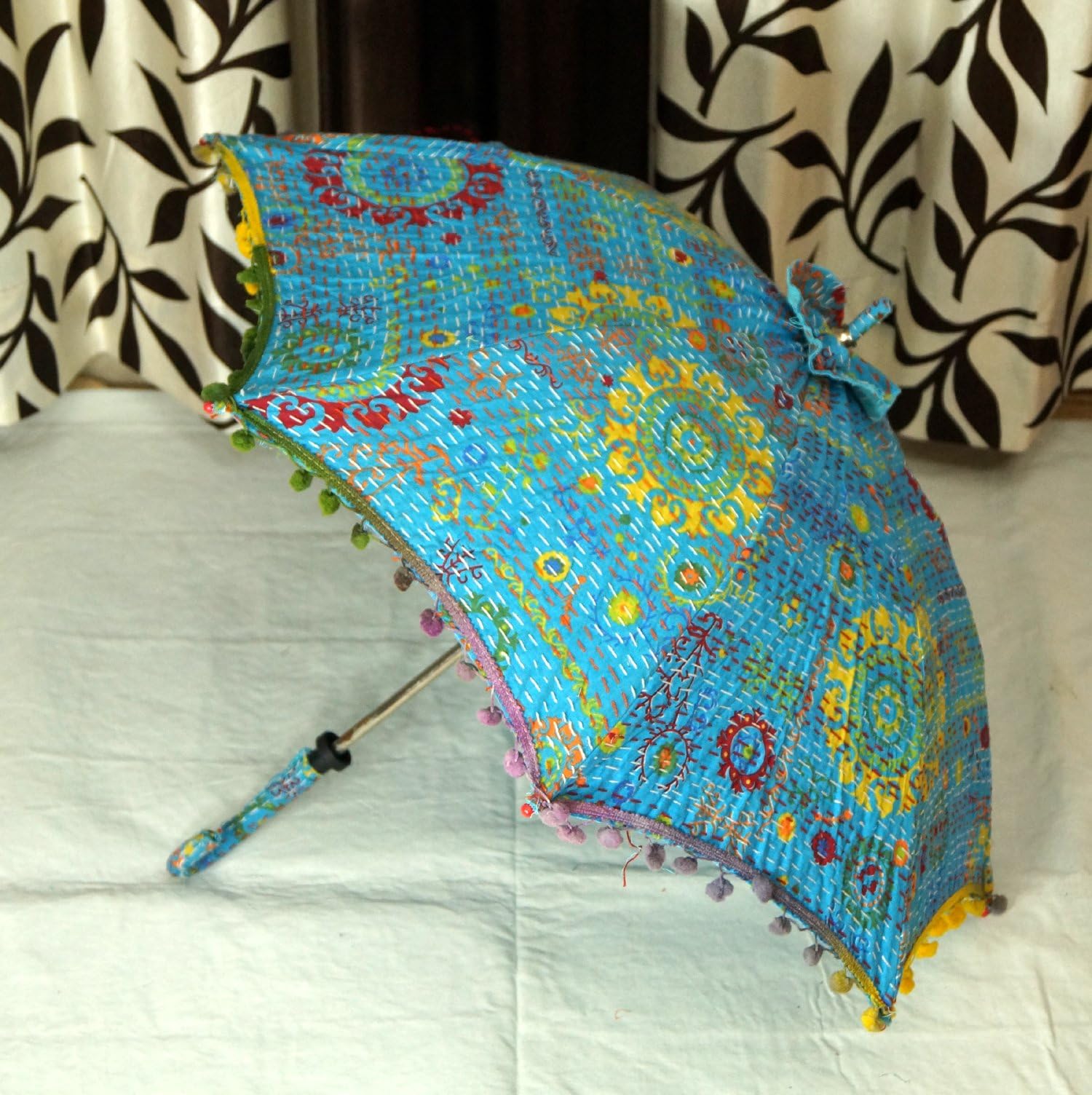 Navya Creations Indian Handmade Cotton Sun Umbrella Vintage Summer Parasol Paisley Design Kantha Stitched