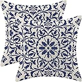 Navy Blue Boho Pillow Covers 18x18 Set of 2, Bohemian Ethnic Carpet Pattern Design Decorative Throw Pillows Linen Blue Print Farmhouse Cushion Pillow Covers for Sofa Couch Outdoor Decor