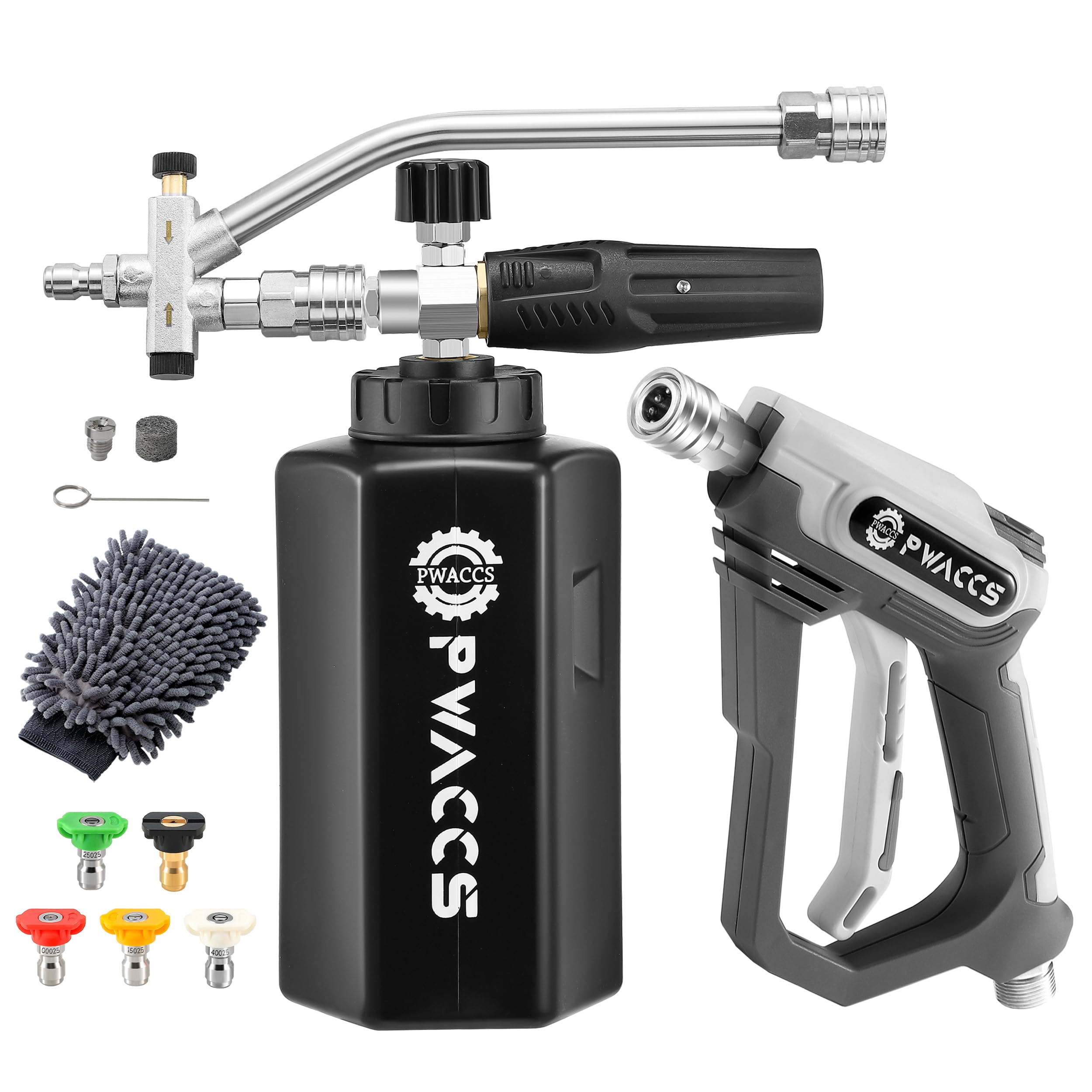Photo 1 of PWACCS Pressure Washer Foam Gun with Dual Connector Accessory, Short Power Washer Gun Foam Cannon and Double Tip Attachment Car Wash Kit, 1/4" Quick Connector, M22 Male Inlet, 4000 PSI, 1.5 Liter