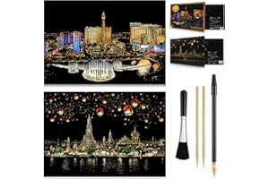 MIASTAR Scratch Painting Kits for Adults & Kids, Craft Art Set, Rainbow Scratch Art Painting Paper, Sketch Pad DIY Night View Scratchboard, 16'' x 11.2'' Creative Gift - with 3 Tools (Las Vegas)