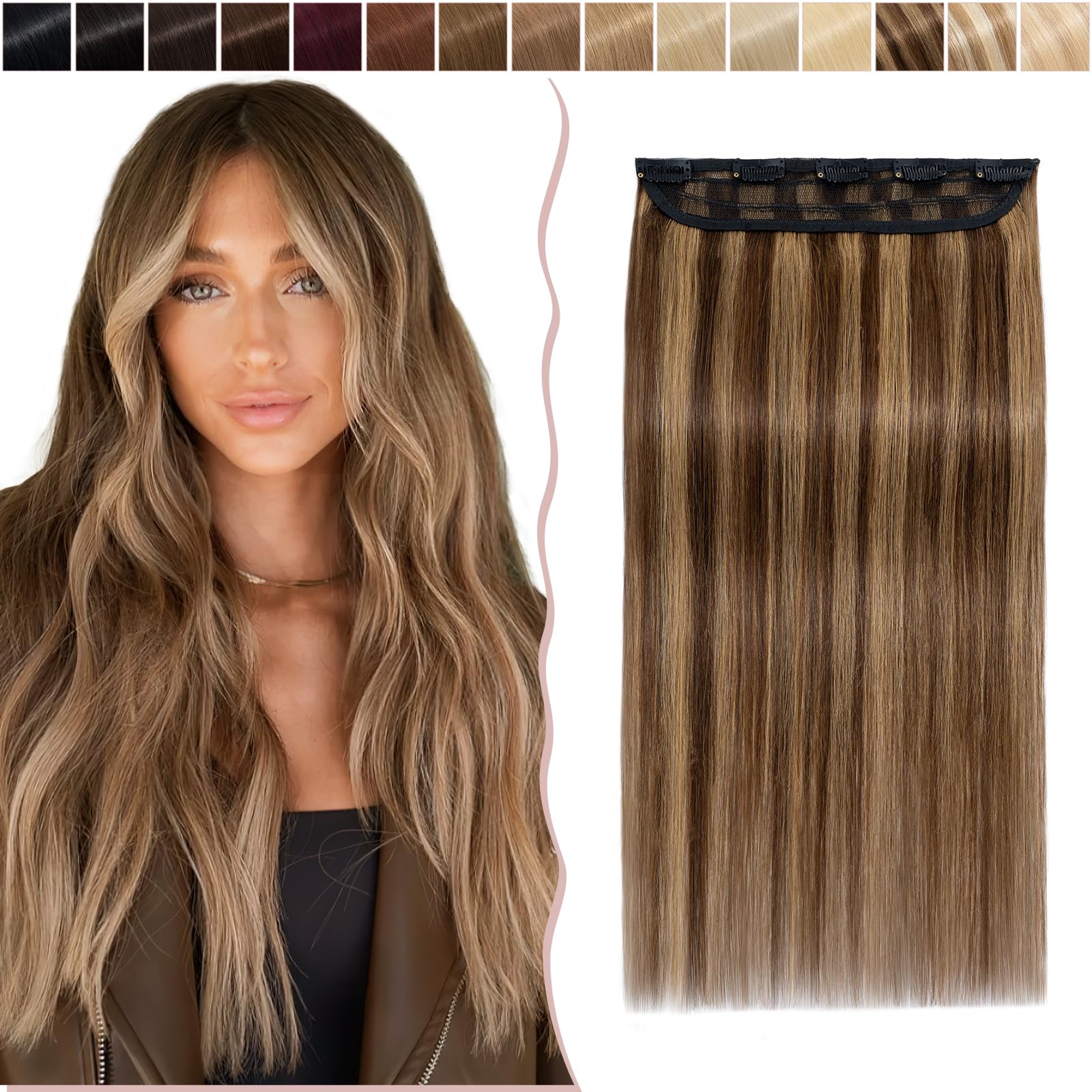 16 inches SEGO One Piece Clip in Remy Real Hair Extensions Human Hair [#4/27 Medium Brown&Dark Blonde] Hairpieces for Women 3/4 Full Head Straight Invisible (45g)