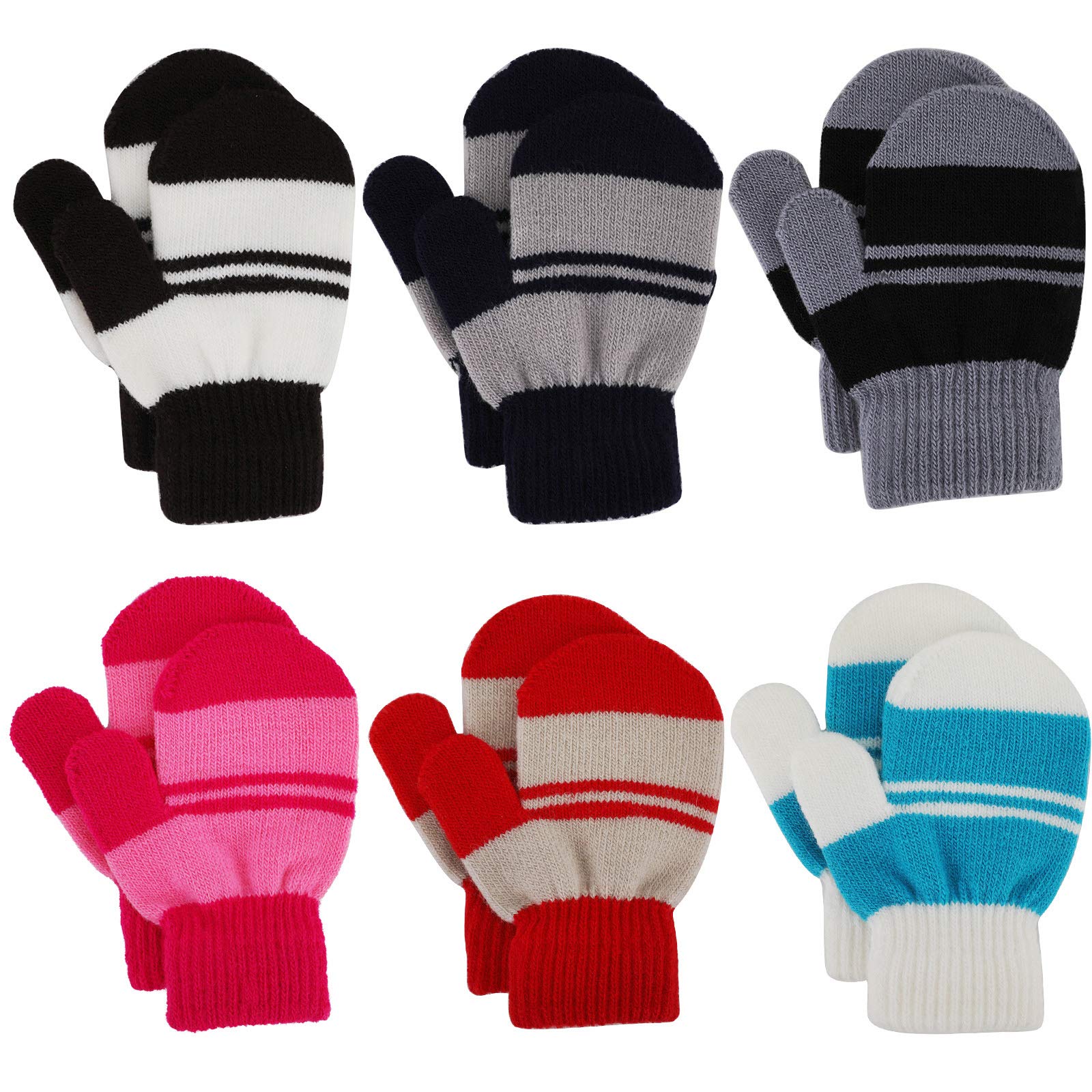 Jupsk Toddler Mittens Kids Winter Warm Knitted Stripe Gloves Magic Stretch Gloves for Baby Boys and Girls 1 2 3 4 Years Old, 6 Pairs