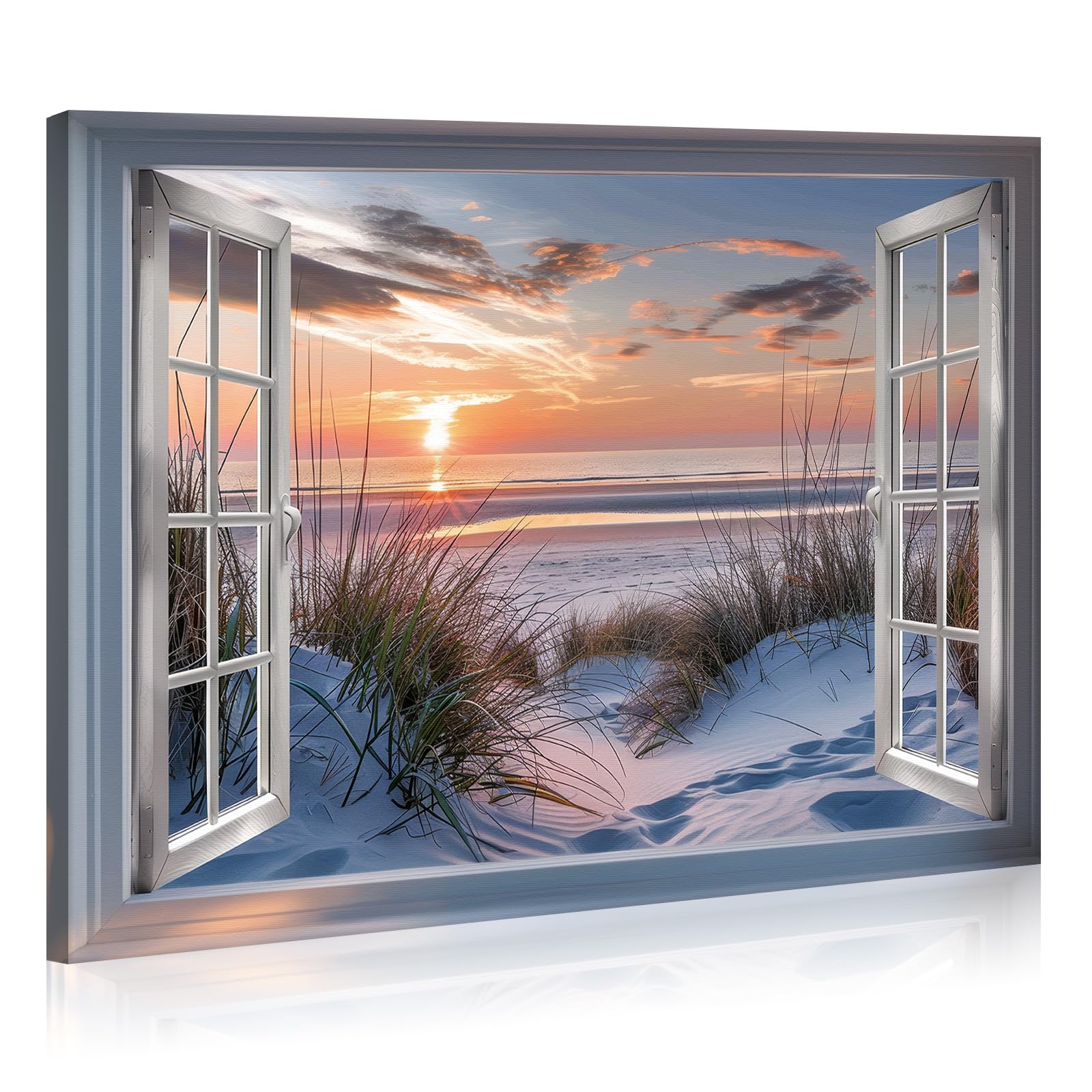 JBER Beach Seascape Canvas Wall Art, with Natural Weeds and Ocean Views, Modern Wall Art for Living Room, Bedroom, Kitchen, Easy to Hang for Unique Home Decor, 60x40 cm