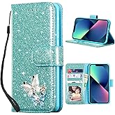 UEEBAI Wallet Case for iPhone 16e, Glitter PU Leather Phone Cover Card Slots Kickstand Wallet Magnetic Closure Bling Flip Case Shockproof Hand Strap Flip Cover for iPhone SE4 - Mint Green