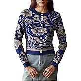 BEAUDRM Women's Vintage Floral Cardigan Sweaters Button Down Crew Neck Old Money Long Sleeve Knitwear Tops