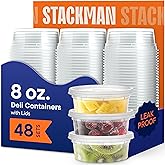 Stack Man 8 oz Deli Containers with Lids (48 Sets) – Clear Plastic Food Storage Containers, Airtight Leak-Resistant Seal, BPA-Free, Microwave & Freezer Safe, Sauce Snack Portion Takeout to-Go