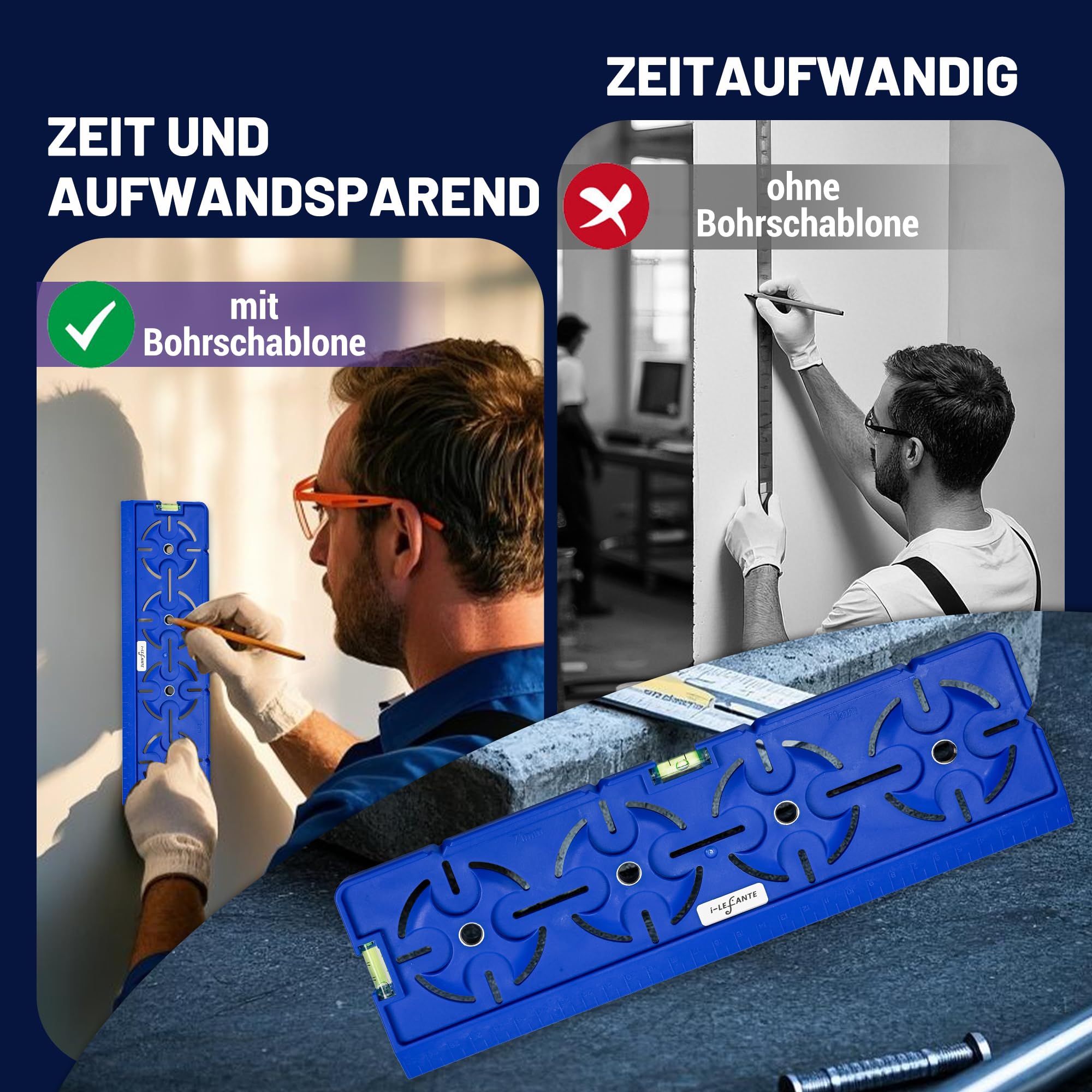Bohrschablone für Steckdose Schalterdose Unterputzdose Hohlwanddose 71mm Abstand All in One mit Wasserwaage 30cm Lineal Für Elektroinstallation Rohbau Trockenbau Elektriker Heimwerker (Blau) 5