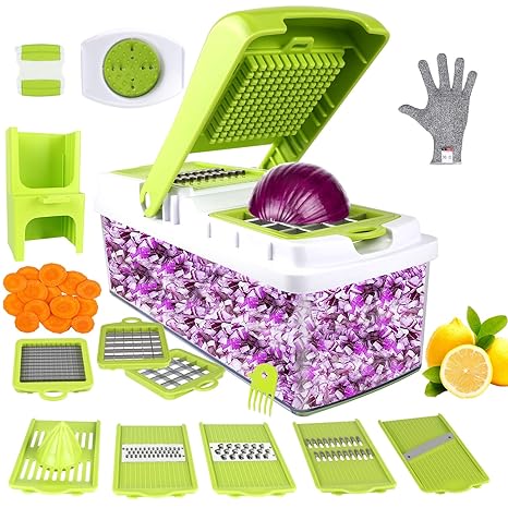 ONSON Gemüseschneider Obstschneider,Gemüsehobel 10 in 1 Multischneider Schneidemaschine Manuelle Mandoline ,Zwiebelschneider 