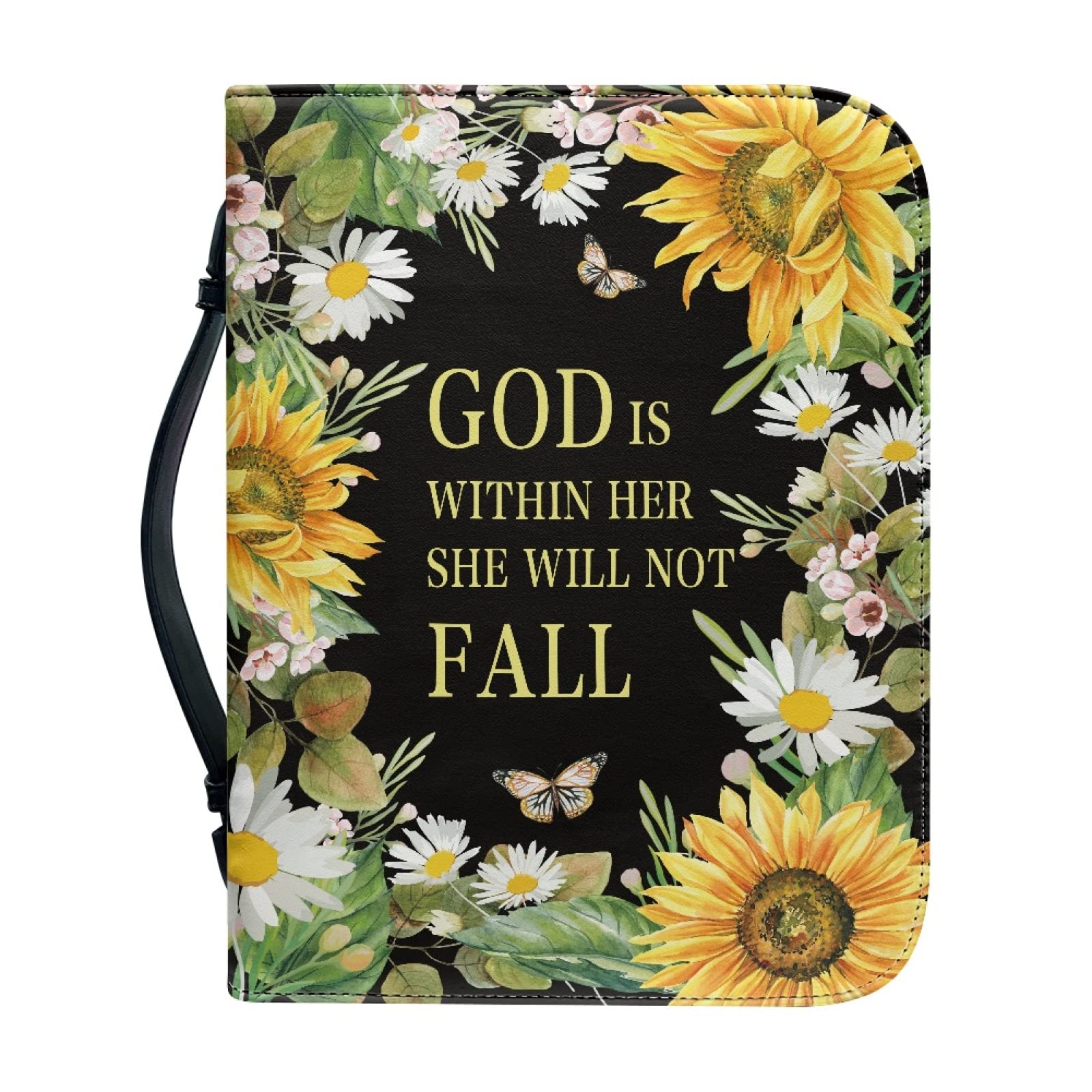 Kuiaobaty Flowers Blessed Quotes Bible Cover Case with Handle, Floral Carrying Church Protective Bag with Pen Pockets, Book Sleeve