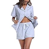 ANLIQI Womens Pajama Sets 100% Cotton Pajamas for Women Soft Short Sleeve Pj Sets Button Down Sleepwear Summer Pjs S-XXL