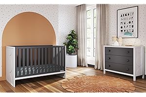 Child Craft Orbit Crib and Dresser Nursery Set, 2-Piece, Includes 3-in-1 Convertible Crib and Horizontal Dresser, Grows with Your Baby (Ebony/Matte White)