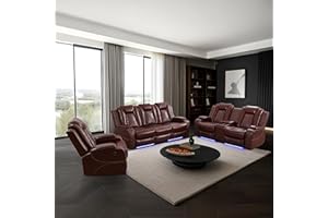 SIENWIEY Power Brown Leather Recliner Sofa Set with LED Light for Living Room Furniture，Power Reclining Sofa with Drop-Down Table/Double Recliner Loveseat with Storage Console/Home Theater Recliner
