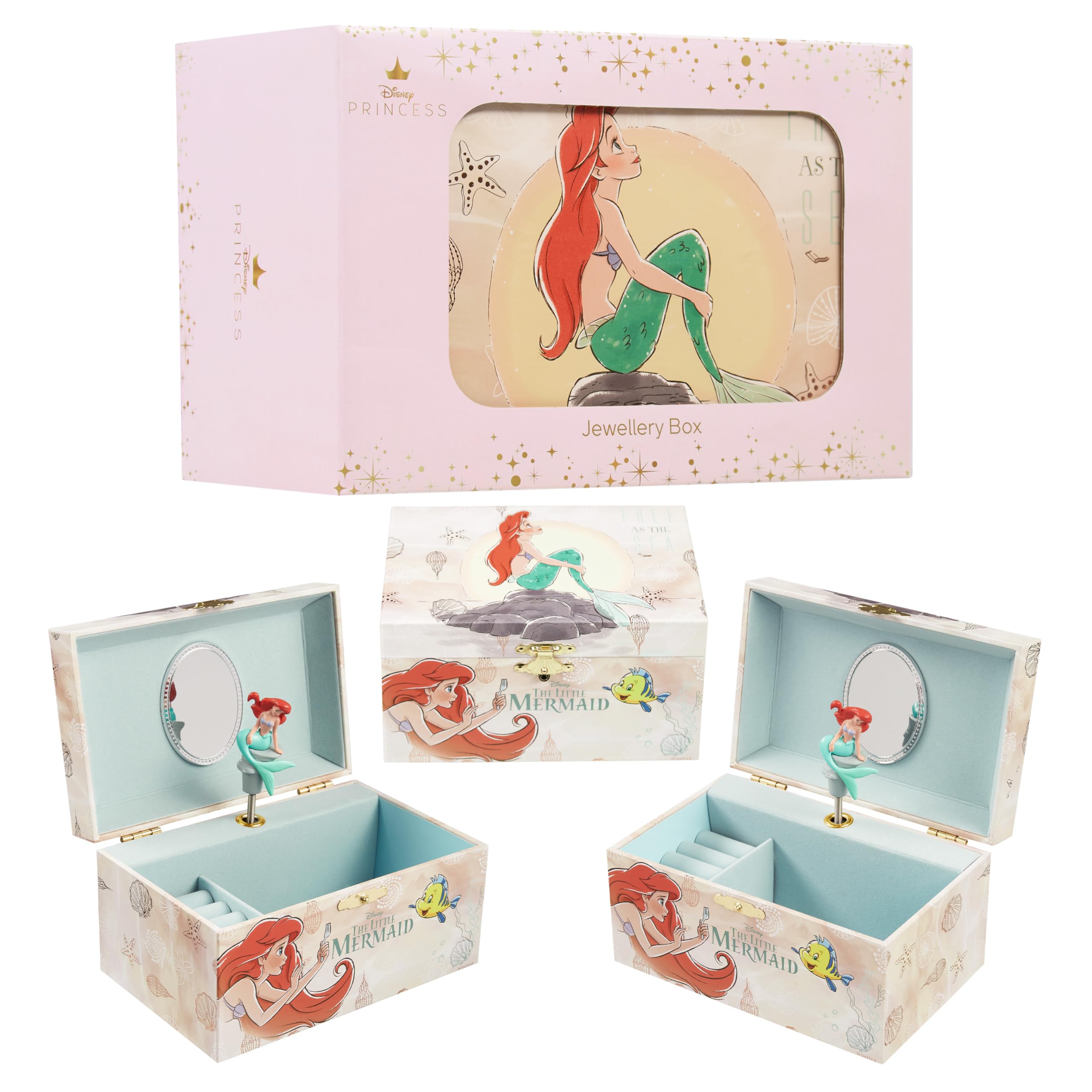 Disney Stitch Jewellery Box Musical Wind Up Spinning Figure Frozen Memory Box Keepsake Girls Teens Ring Slots Organiser Bedroom Decor, Gifts for Girls (Multi Ariel)