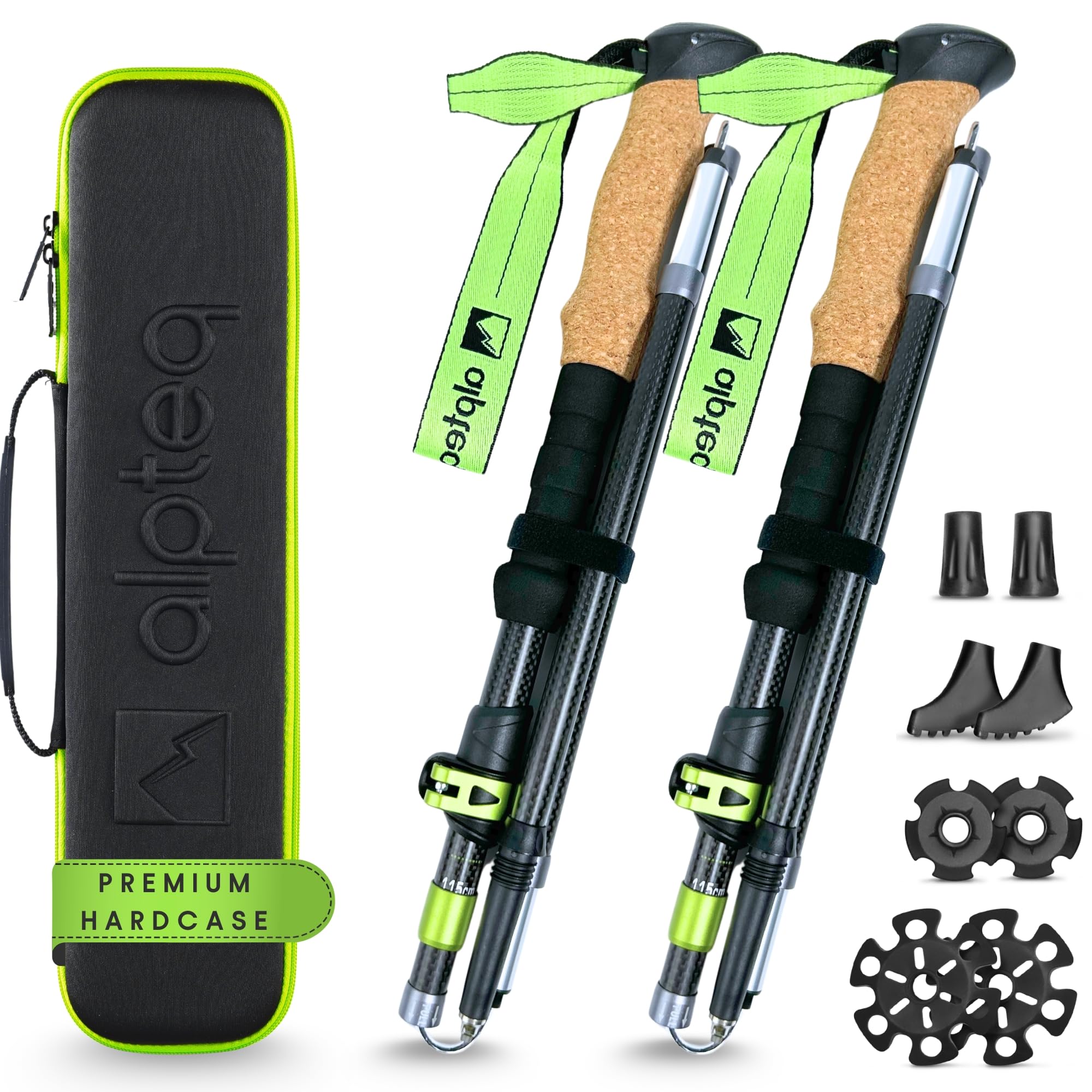 Alpteq® Wanderstöcke faltbar Carbon mit Korkgriff | Bergsport Trekkingstöcke | Nordic Walking Stöcke Damen & Herren | extra leicht und Teleskop variabel (Carbon 115-135 cm | Lime Green)