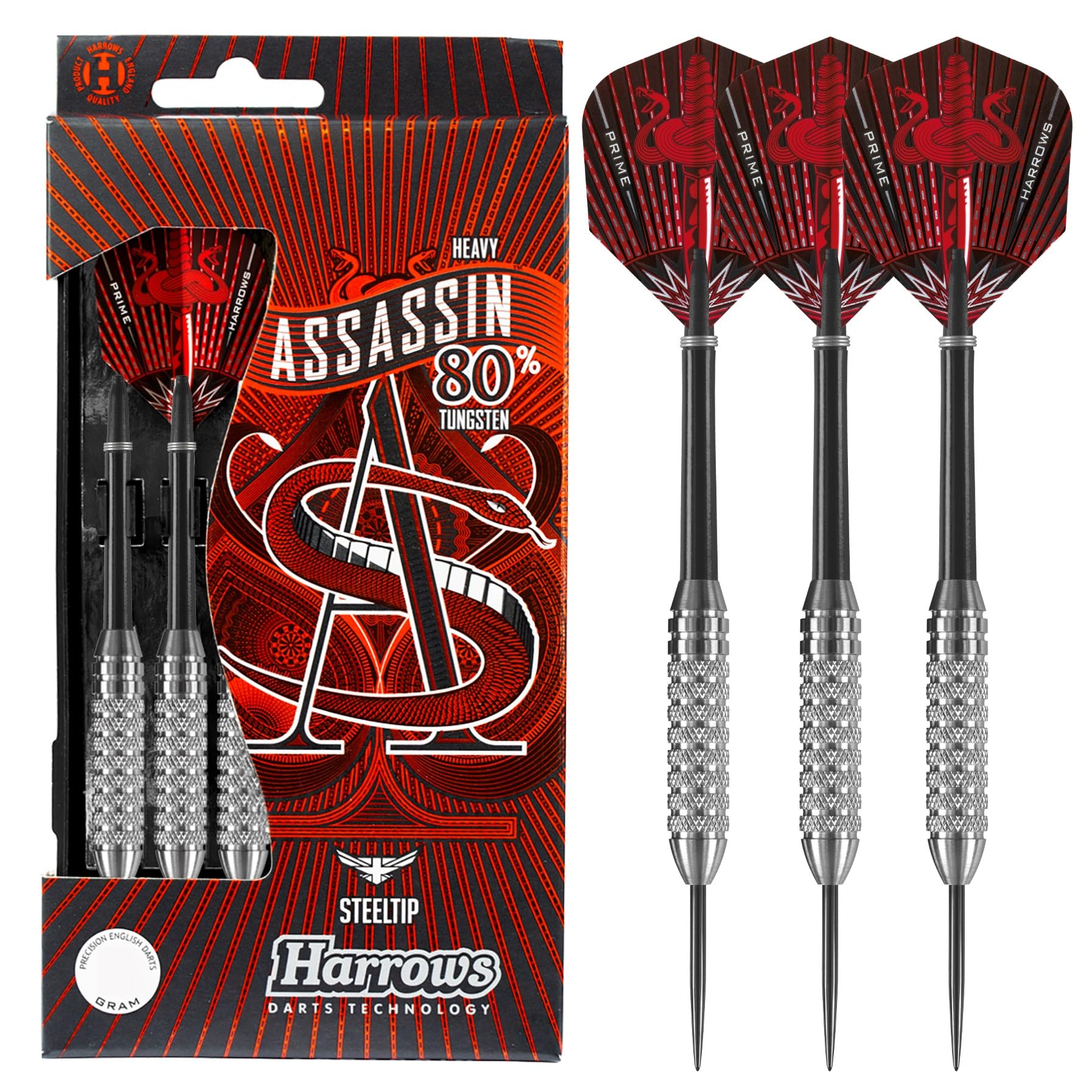 Harrows Assassin Tungsten Darts | Steel Darts Set with Carry Case | Available in 30g, 32g, 34g, 36g, 38g & 40g | Includes Nylon Shafts, 100-Micron Prime Flights, and Travel Case (34g)