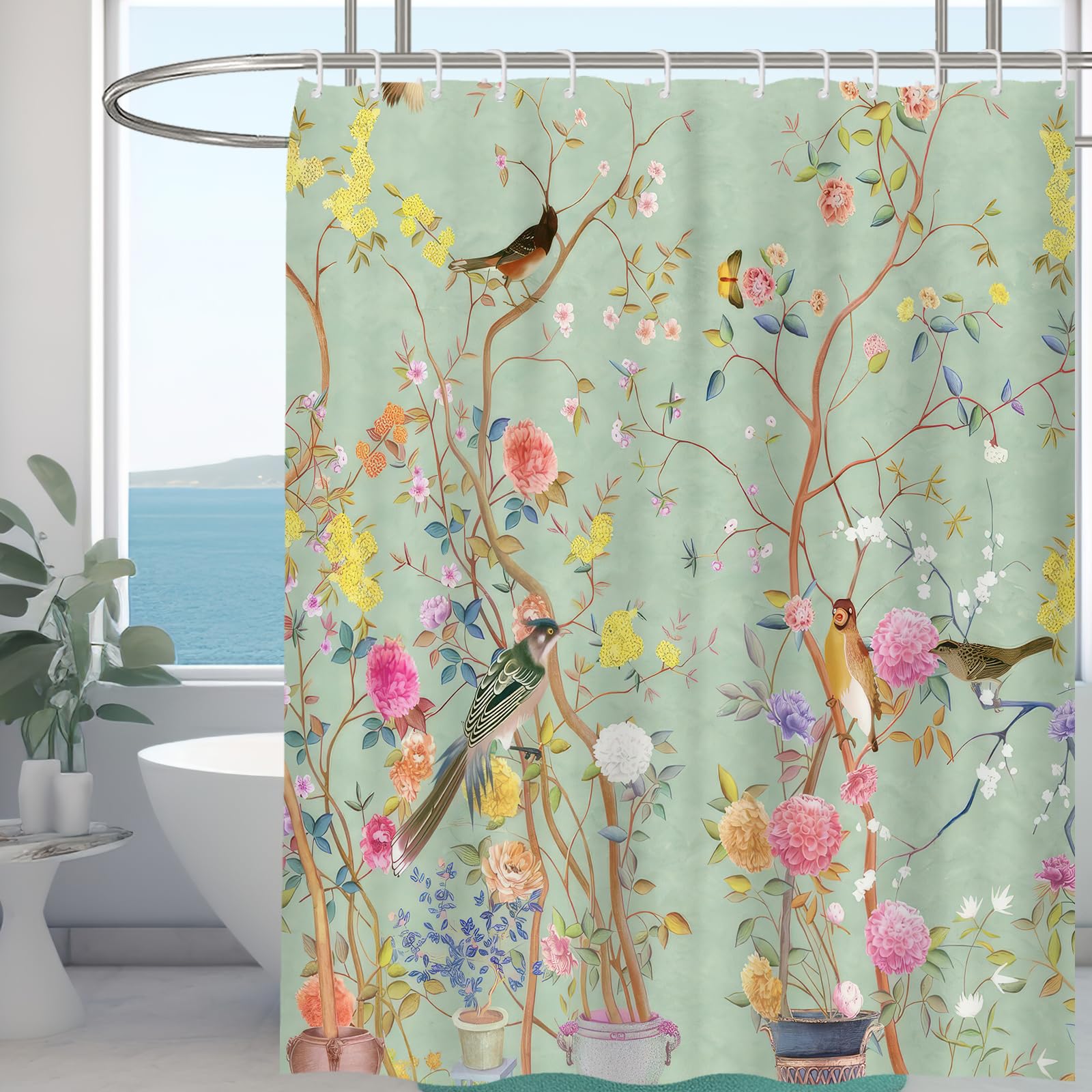 Minicoco Mould Proof Resistant Wet Room Shower Curtain 100% Polyester Waterproof Bathroom Curtain Floral Scenery with 12 Hooks, 180 x 180 cm (Butterfly Bird Flower) — image 1
