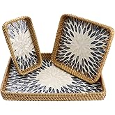 Rectangular Rattan Serving Tray with Mother of Pearl Inlay, Handwoven Wicker Decorative Tray for Fruit Breakfast Coffee Party Picnic Cafe Kitchen Home Decor 3 Sizes (Black White Leaves)