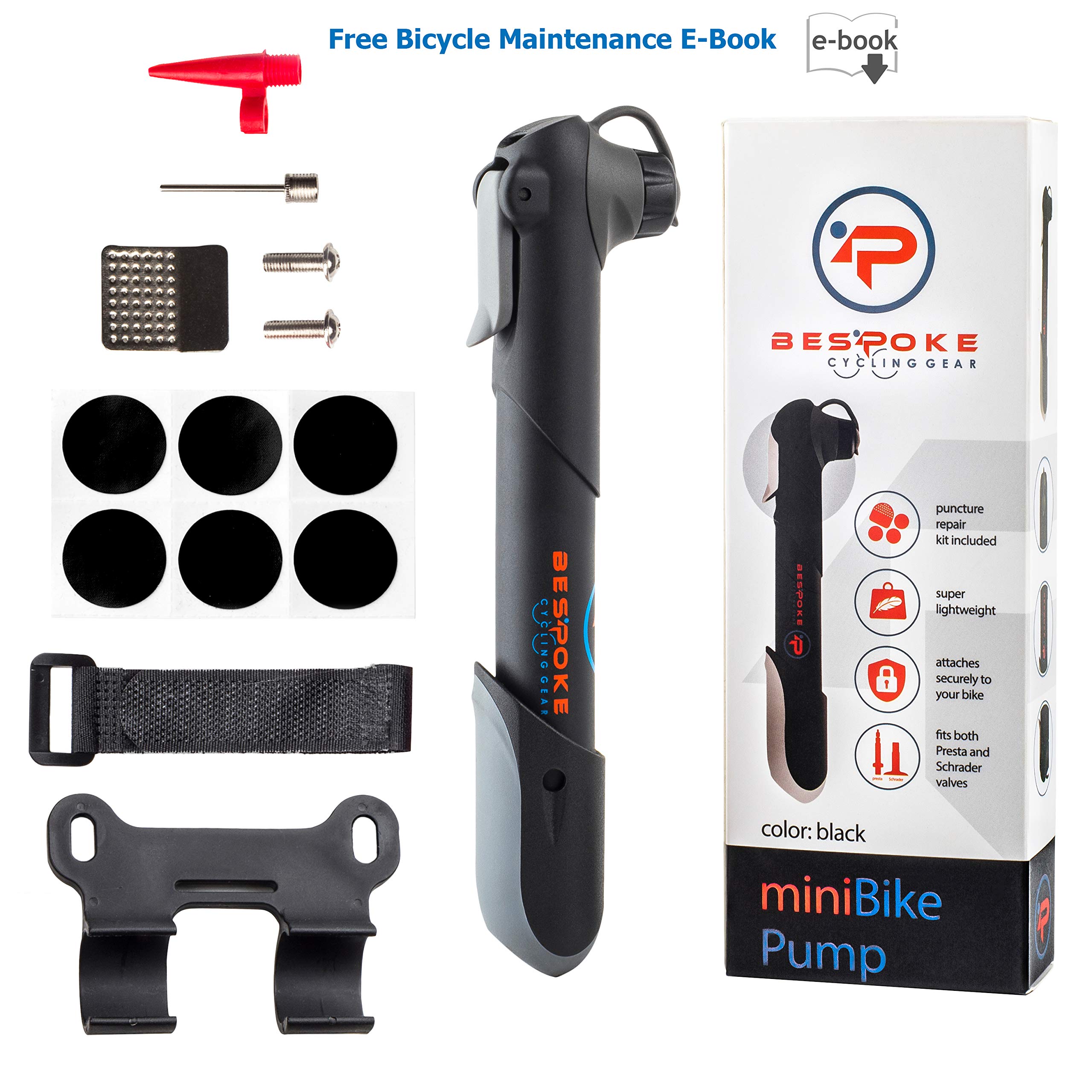 BeSpoke Cycling Gear Mini Bike Pump & Puncture Repair Kit Dual Nozzle fits All Valve Types